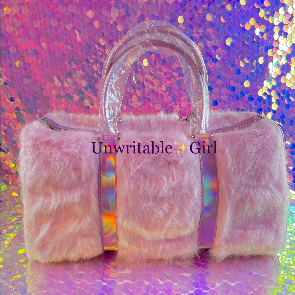 Pastel Pink Shaggy Faux fur Holographic Weekender